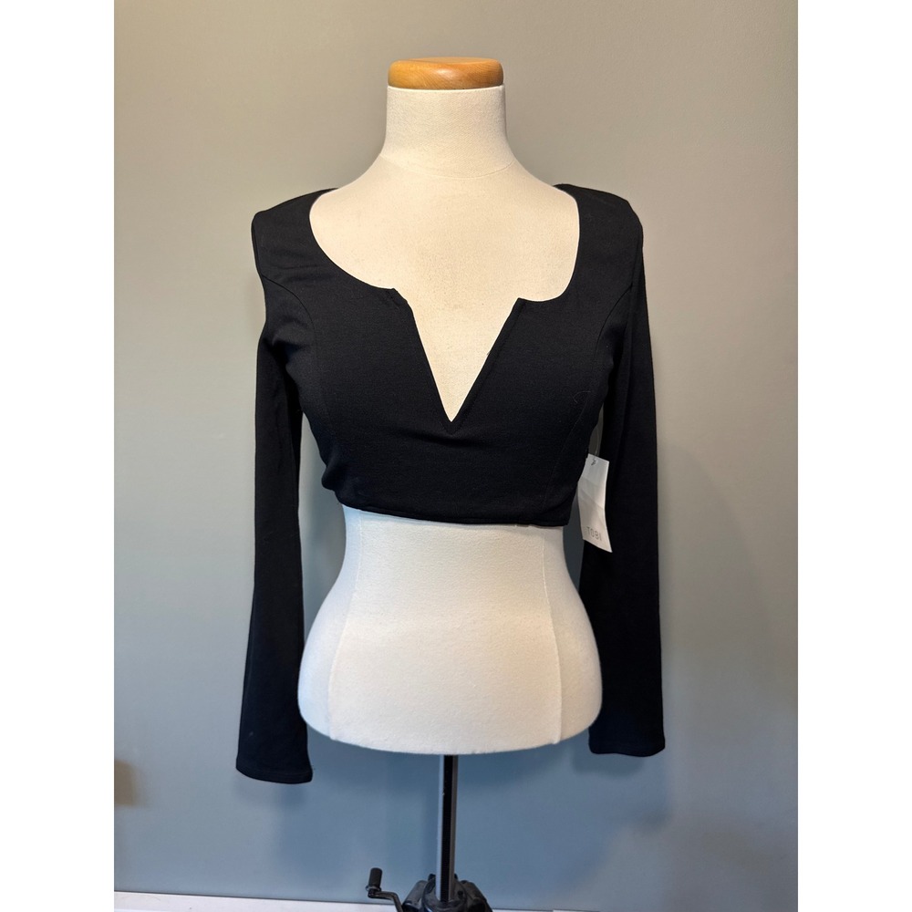 NWT TOBI Black Long Sleeve Crop Top V Neck Fitted Small S Career Party